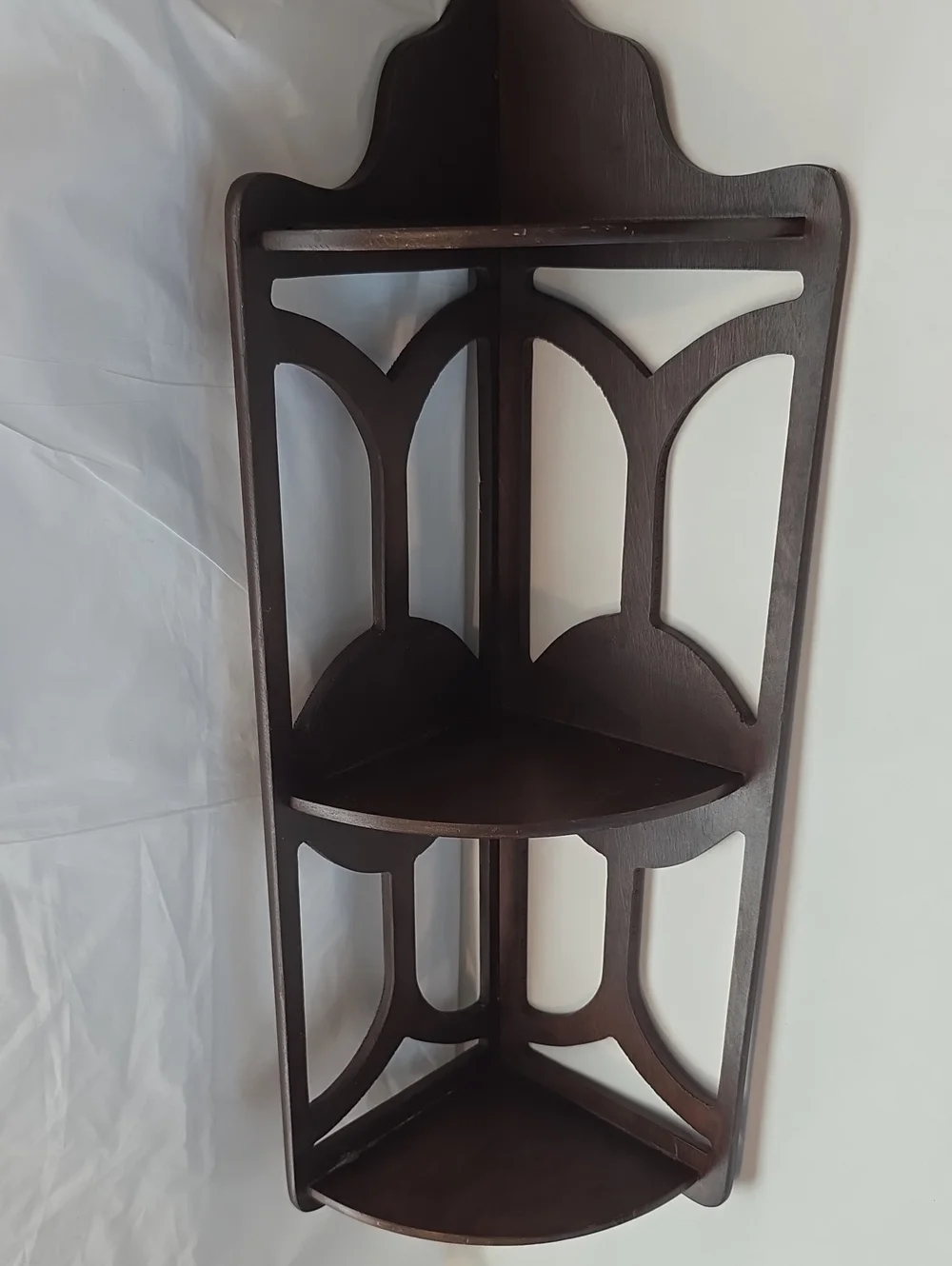 Vintage Wooden Corner Shelf With Intricate Cutout Design 23.5
